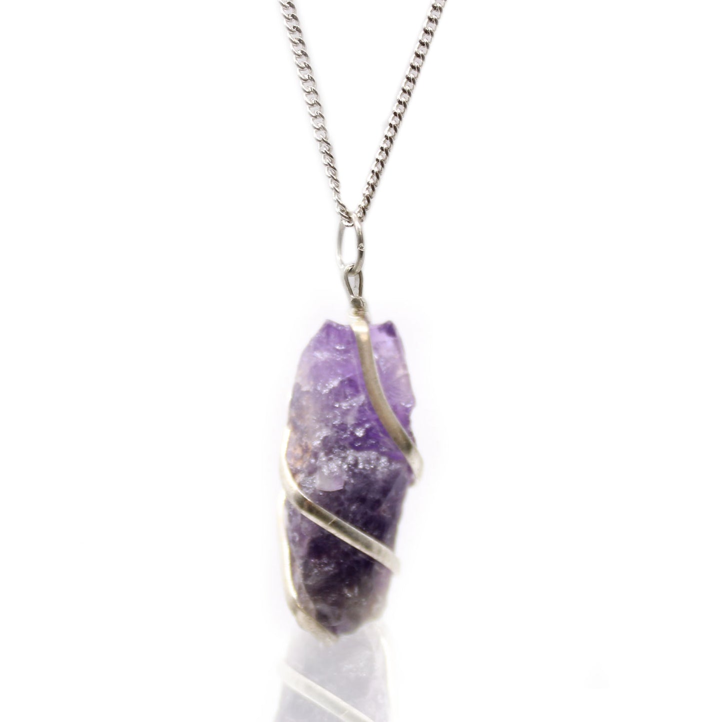 Raw Amethyst gemstone pendant with wire wrap on silver-plated chain