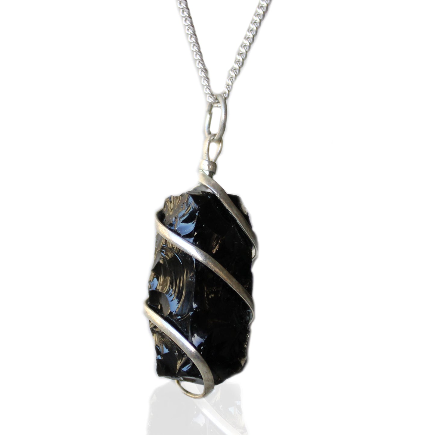 Raw Black Onyx stone pendant wrapped in silver wire on silver-plated chain