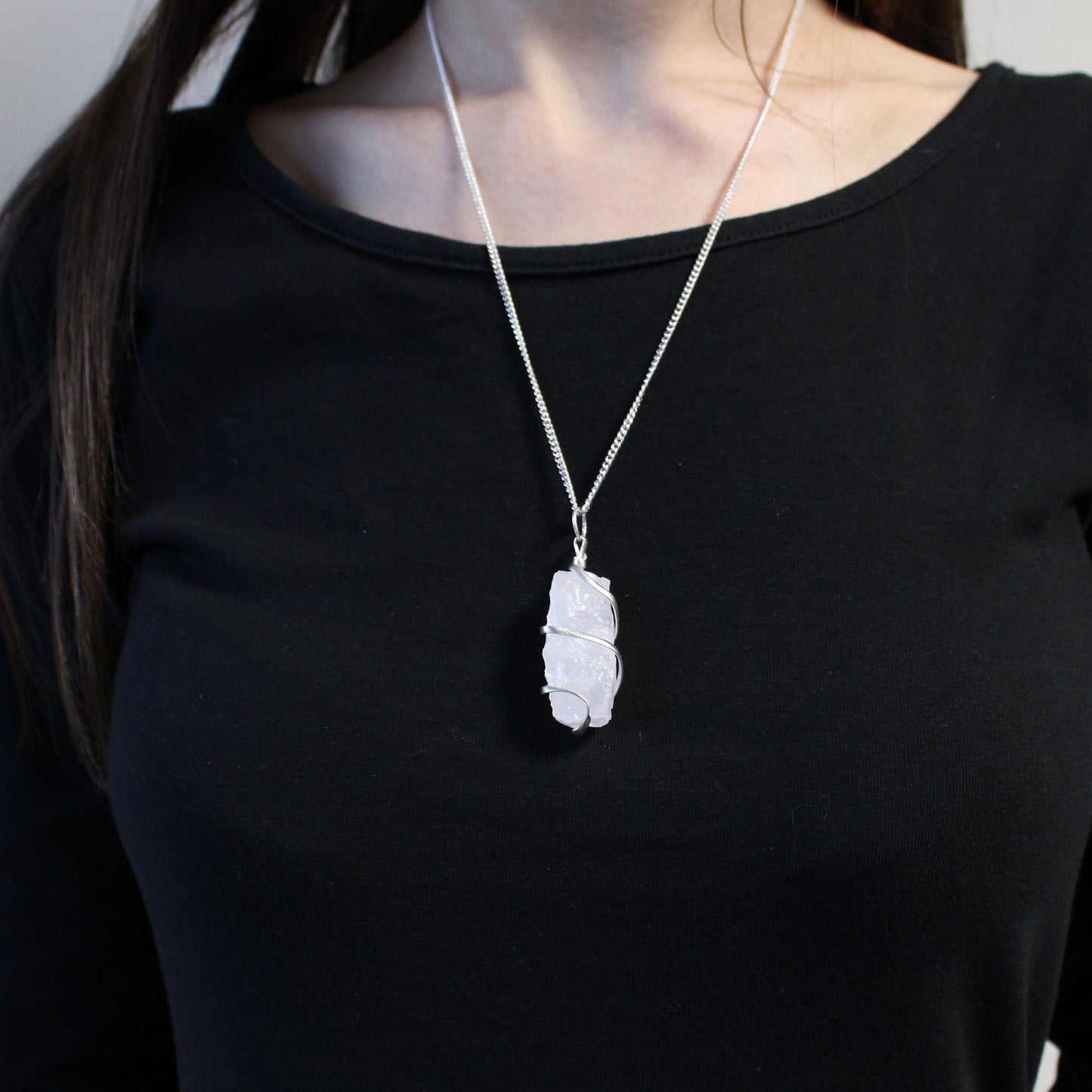 Raw Opalite crystal pendant with single cascading wire on silver chain