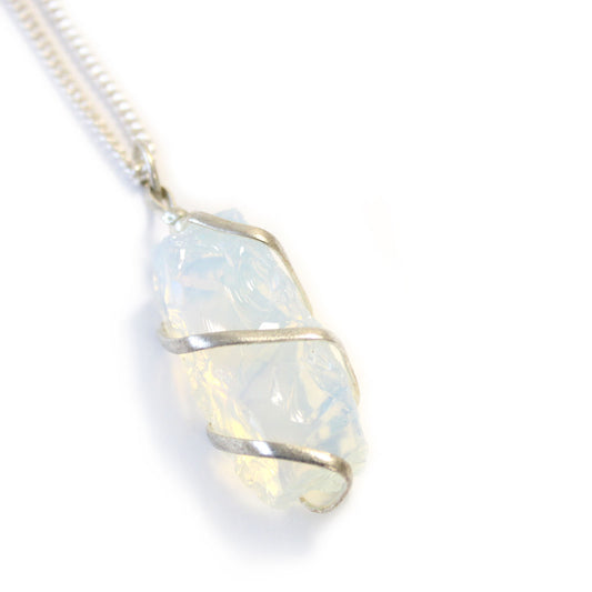 Raw Opalite crystal pendant with single cascading wire on silver chain