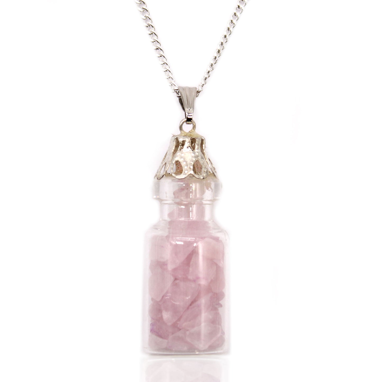 "Mini glass bottle necklace filled with rose quartz chips, on a silver-plated chain"