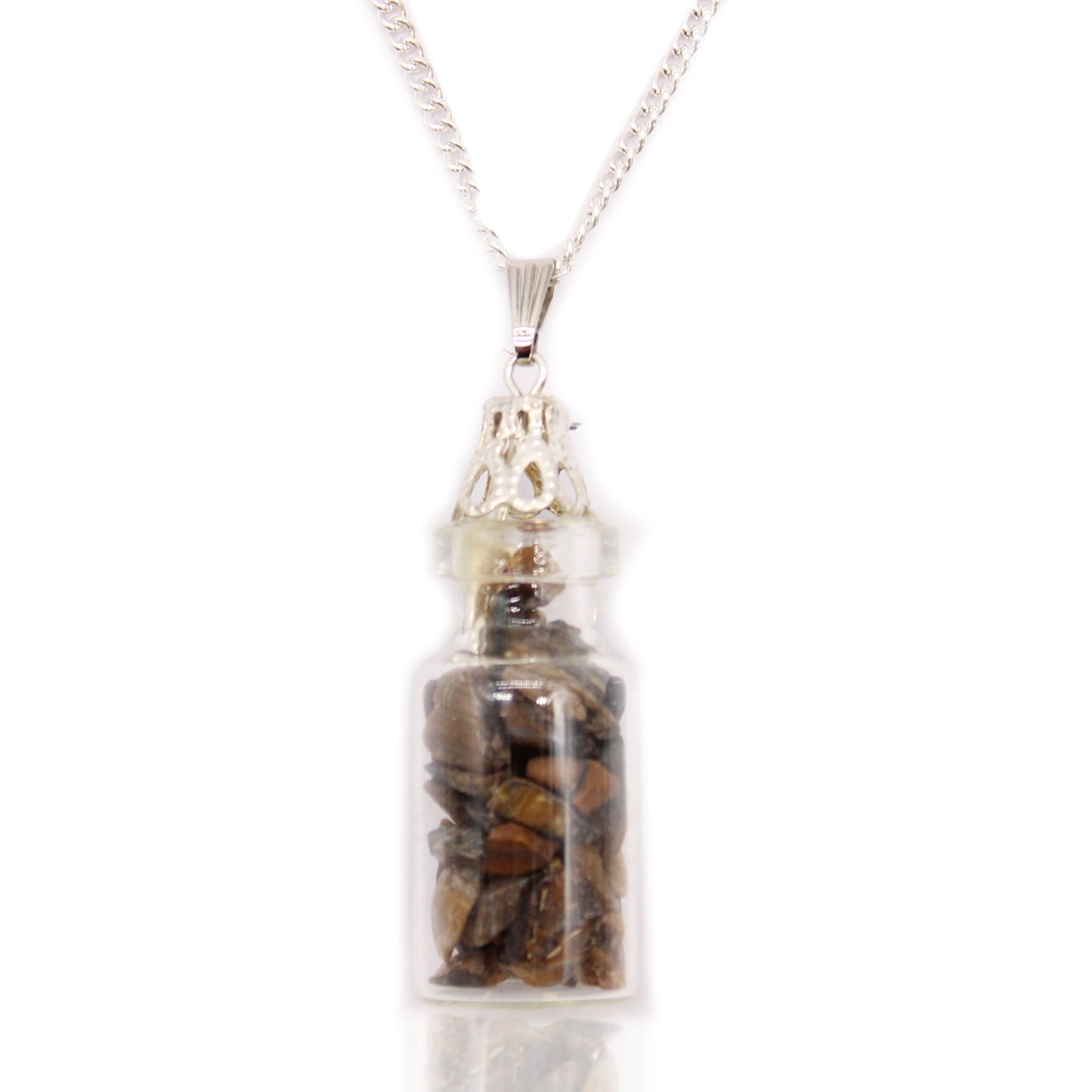 "Mini glass bottle necklace filled with golden-brown tiger’s eye chips, on a silver-plated chain"