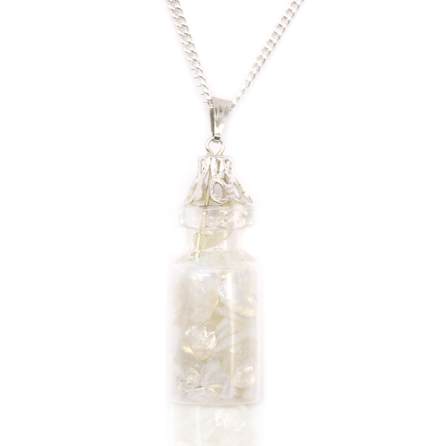 "Mini bottle necklace filled with glowing opalite gemstone chips, on a silver-plated chain"