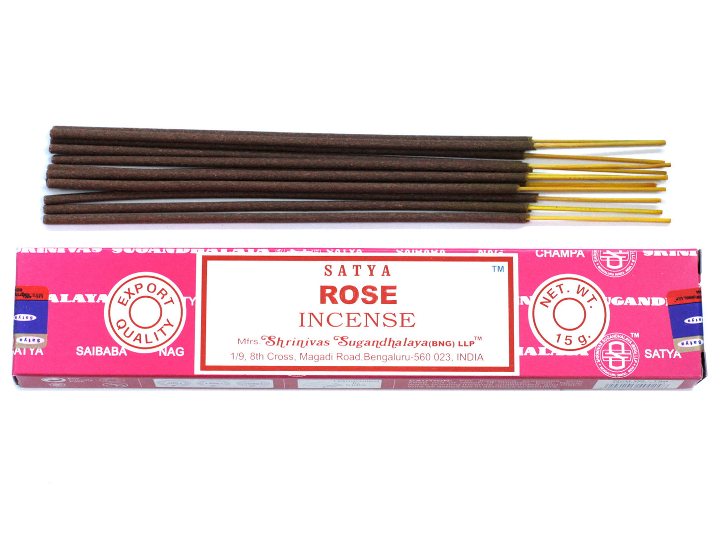 Satya Rose incense 15g – romantic floral masala sticks hand-rolled in India for love and peace