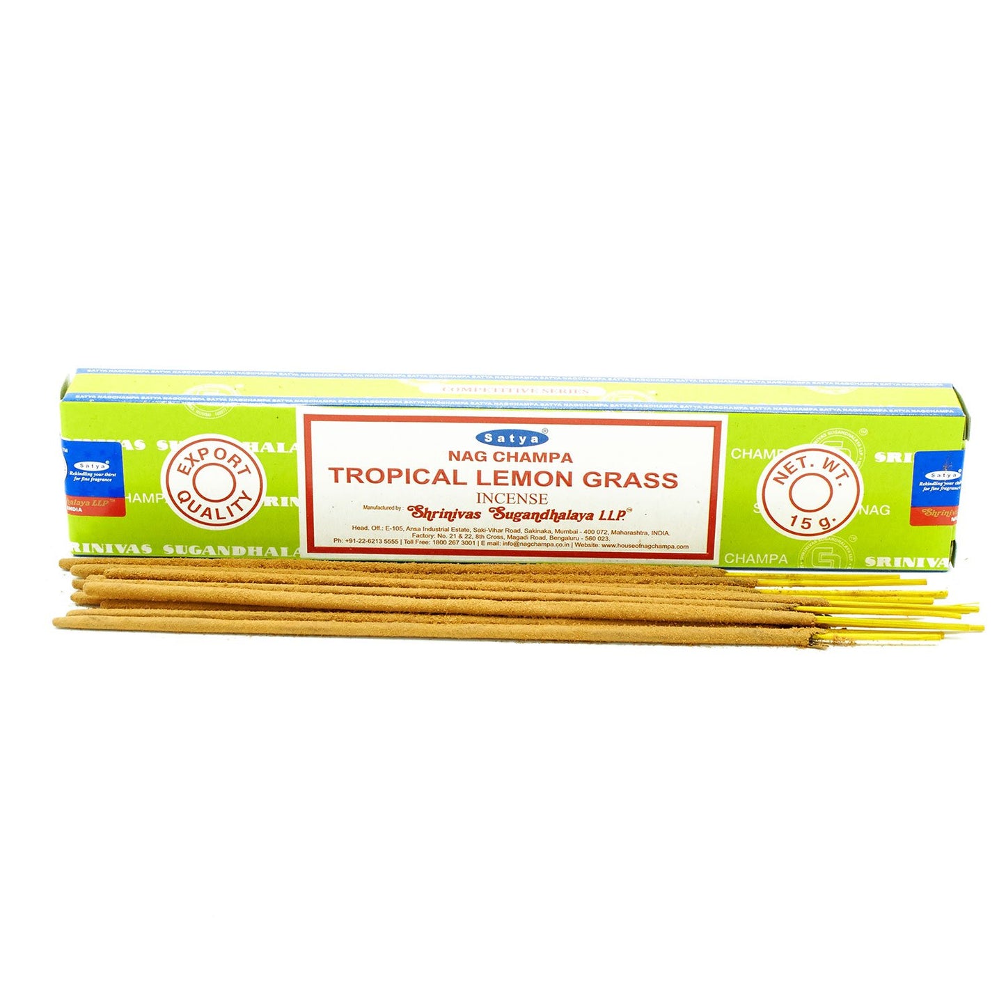 Satya Tropical Lemongrass incense 15g – fresh citrus masala sticks hand-rolled in India