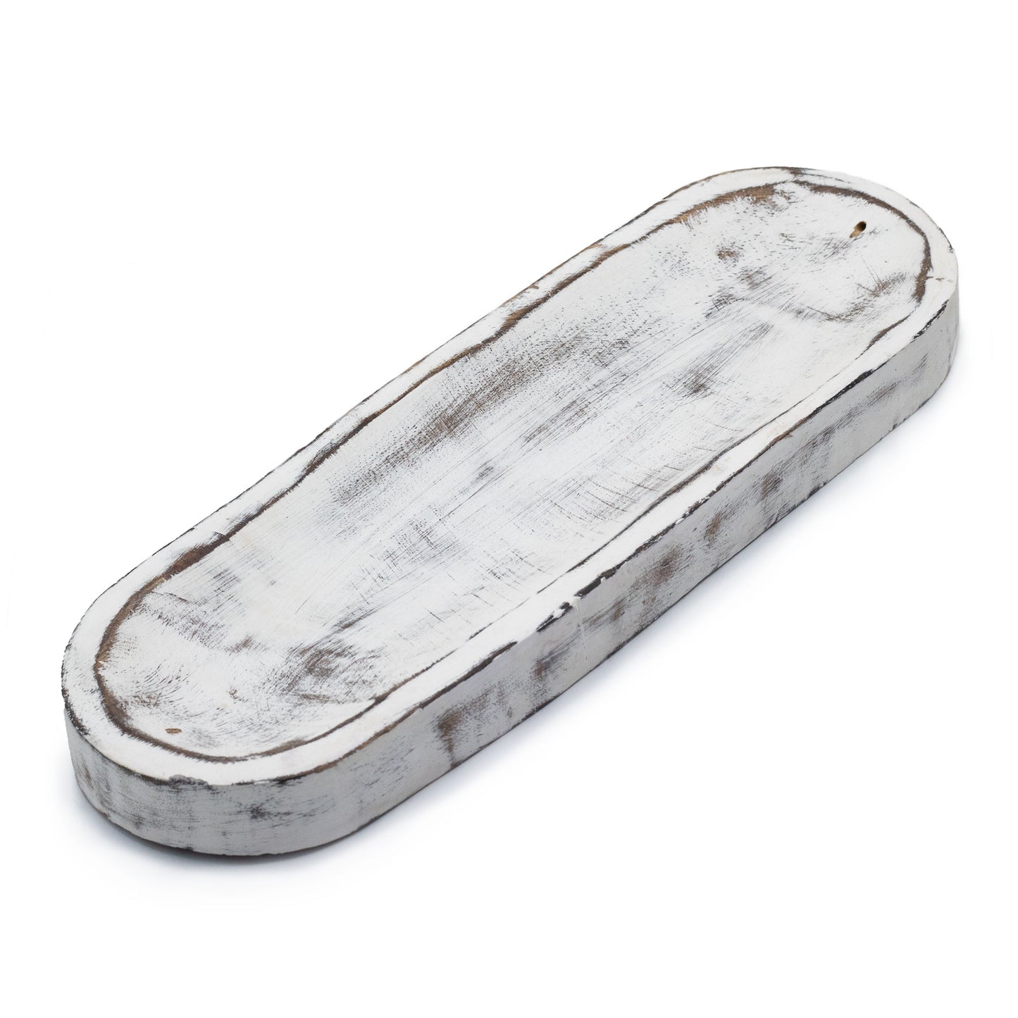Large whitewashed mango wood incense tray with rustic finish, handmade in Saharanpur, India. 30x10cm design perfect for incense and ash collection.