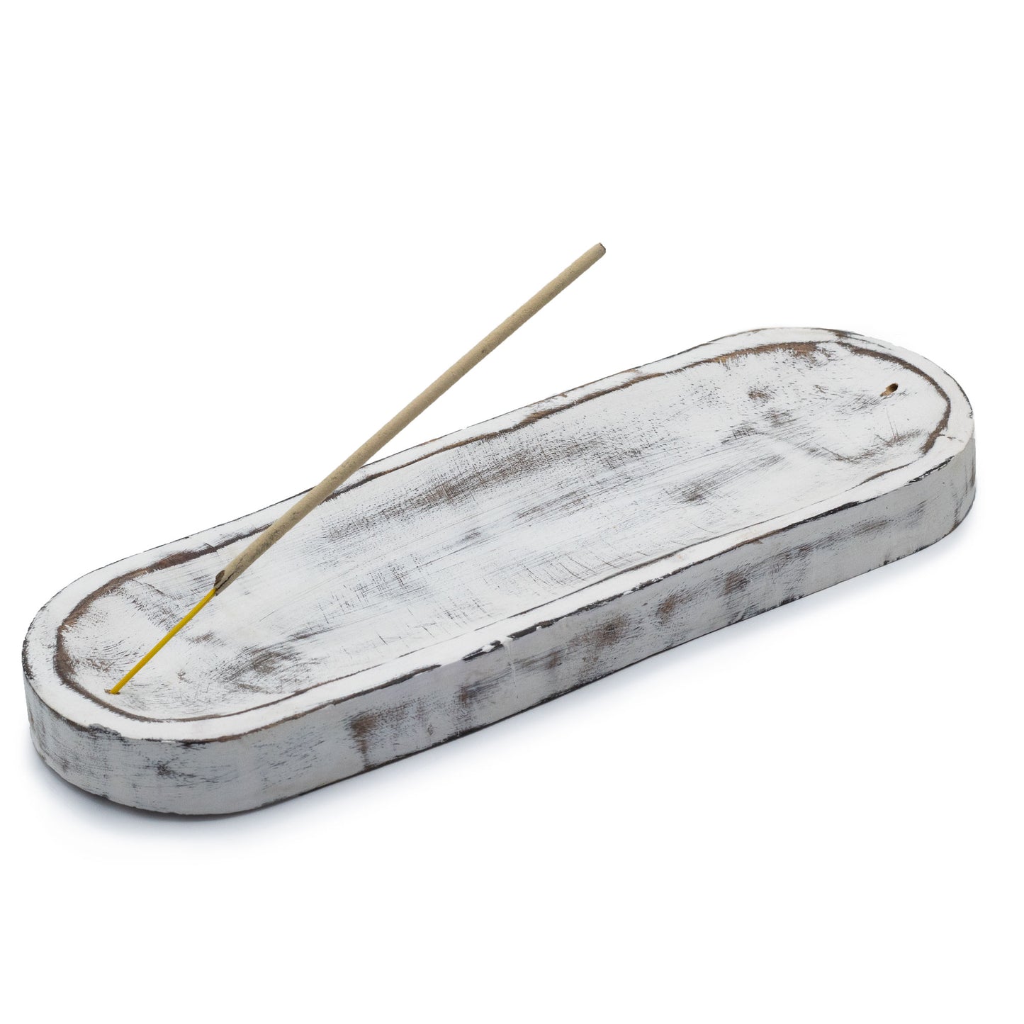 Large whitewashed mango wood incense tray with rustic finish, handmade in Saharanpur, India. 30x10cm design perfect for incense and ash collection.