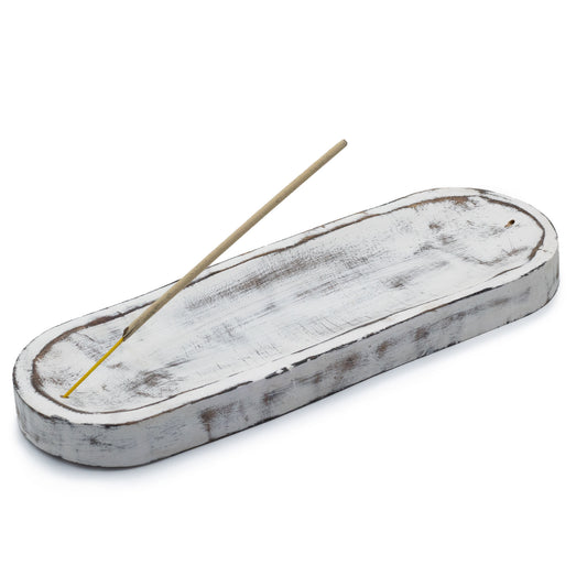 Large whitewashed mango wood incense tray with rustic finish, handmade in Saharanpur, India. 30x10cm design perfect for incense and ash collection.