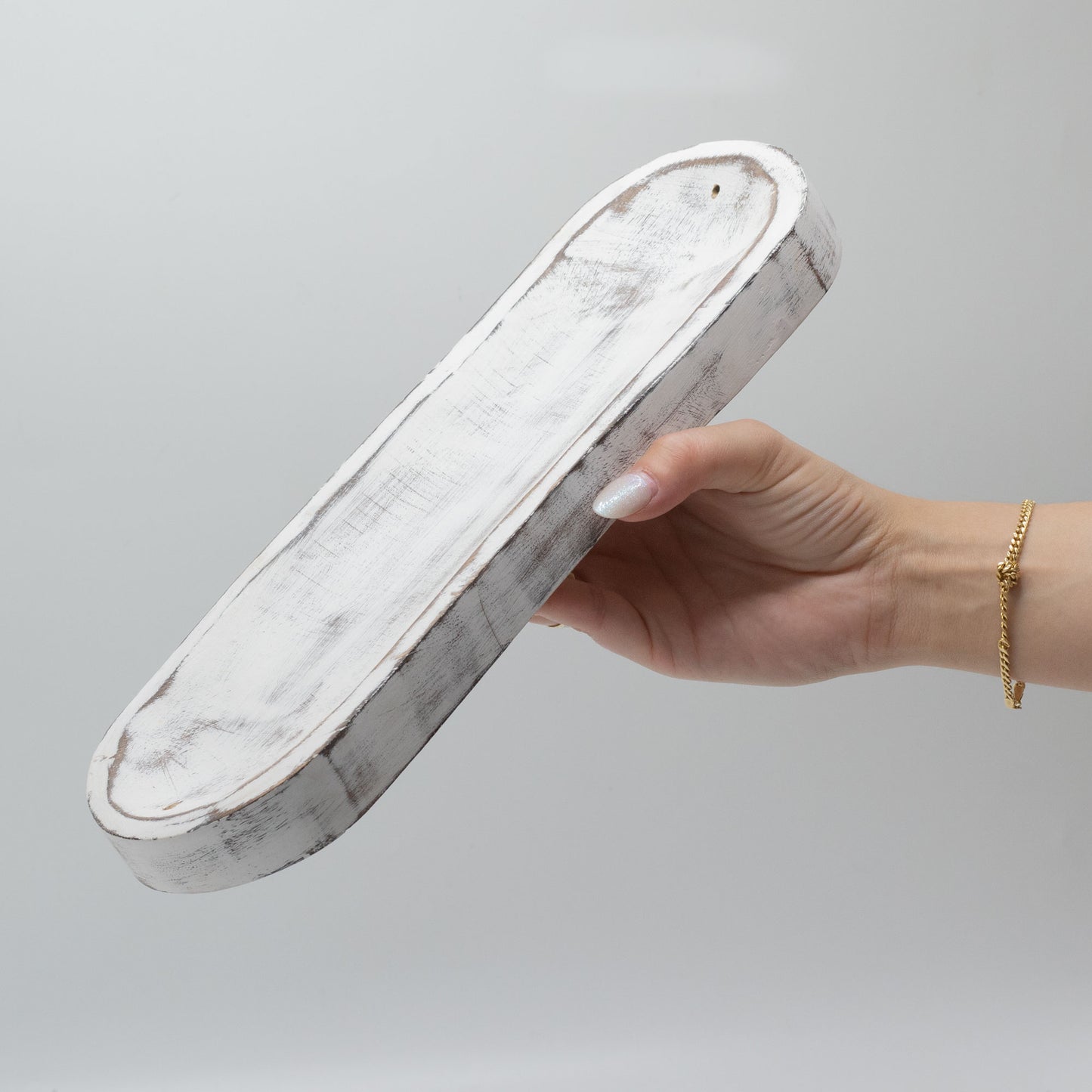 Large whitewashed mango wood incense tray with rustic finish, handmade in Saharanpur, India. 30x10cm design perfect for incense and ash collection.