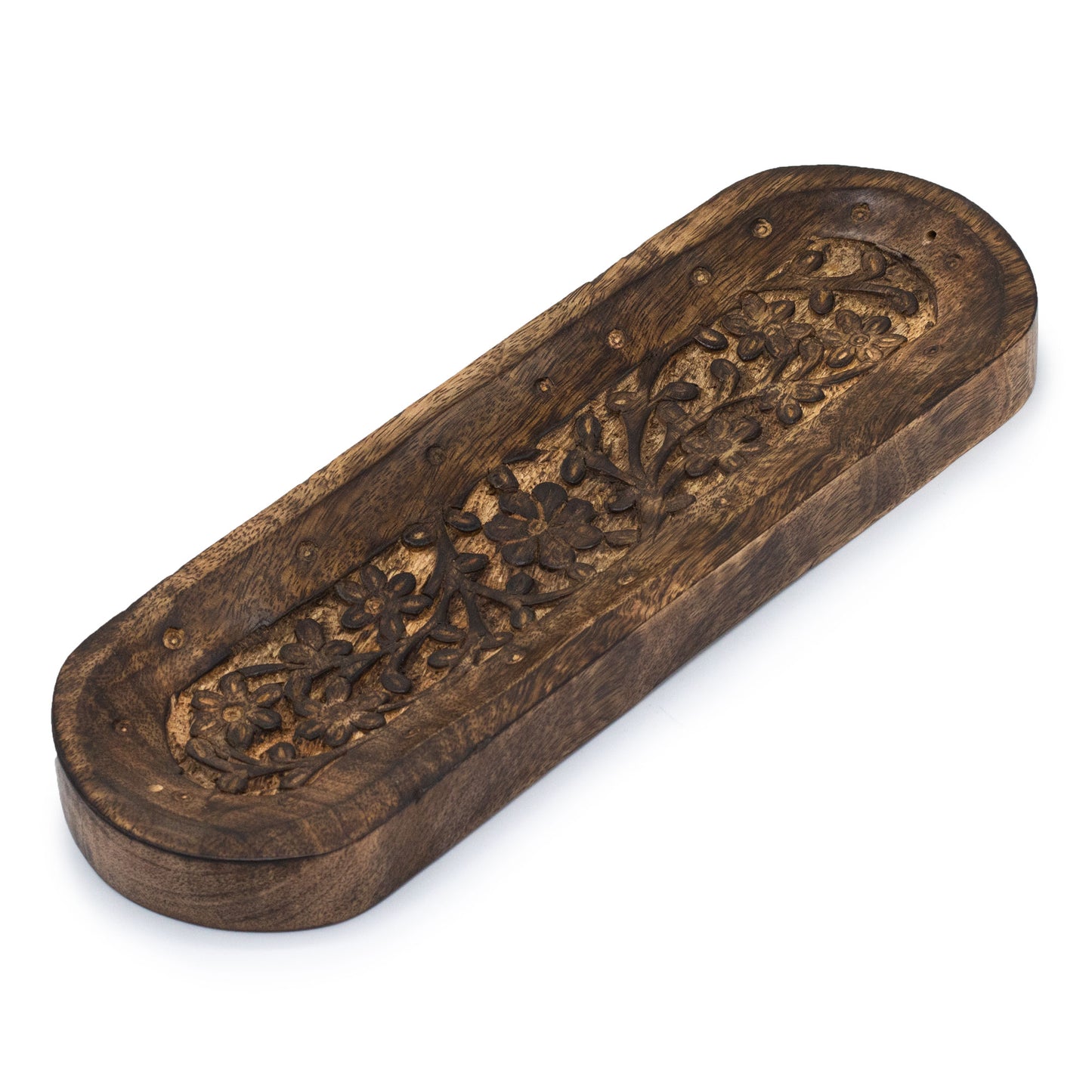 Large mango wood incense tray with intricate hand-carved floral pattern, crafted in Saharanpur, India. 30x10cm with multiple stick holders and ash tray base.
