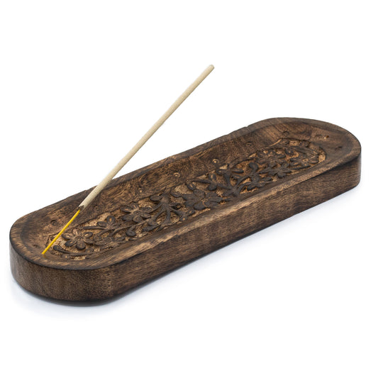 Large mango wood incense tray with intricate hand-carved floral pattern, crafted in Saharanpur, India. 30x10cm with multiple stick holders and ash tray base.