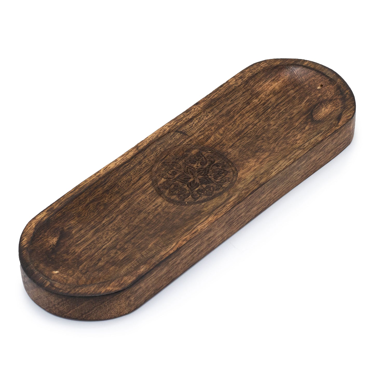 Large mango wood incense tray with engraved mandala design, handmade in Saharanpur, India. A 30x10cm tray for incense stick use and ash collection.