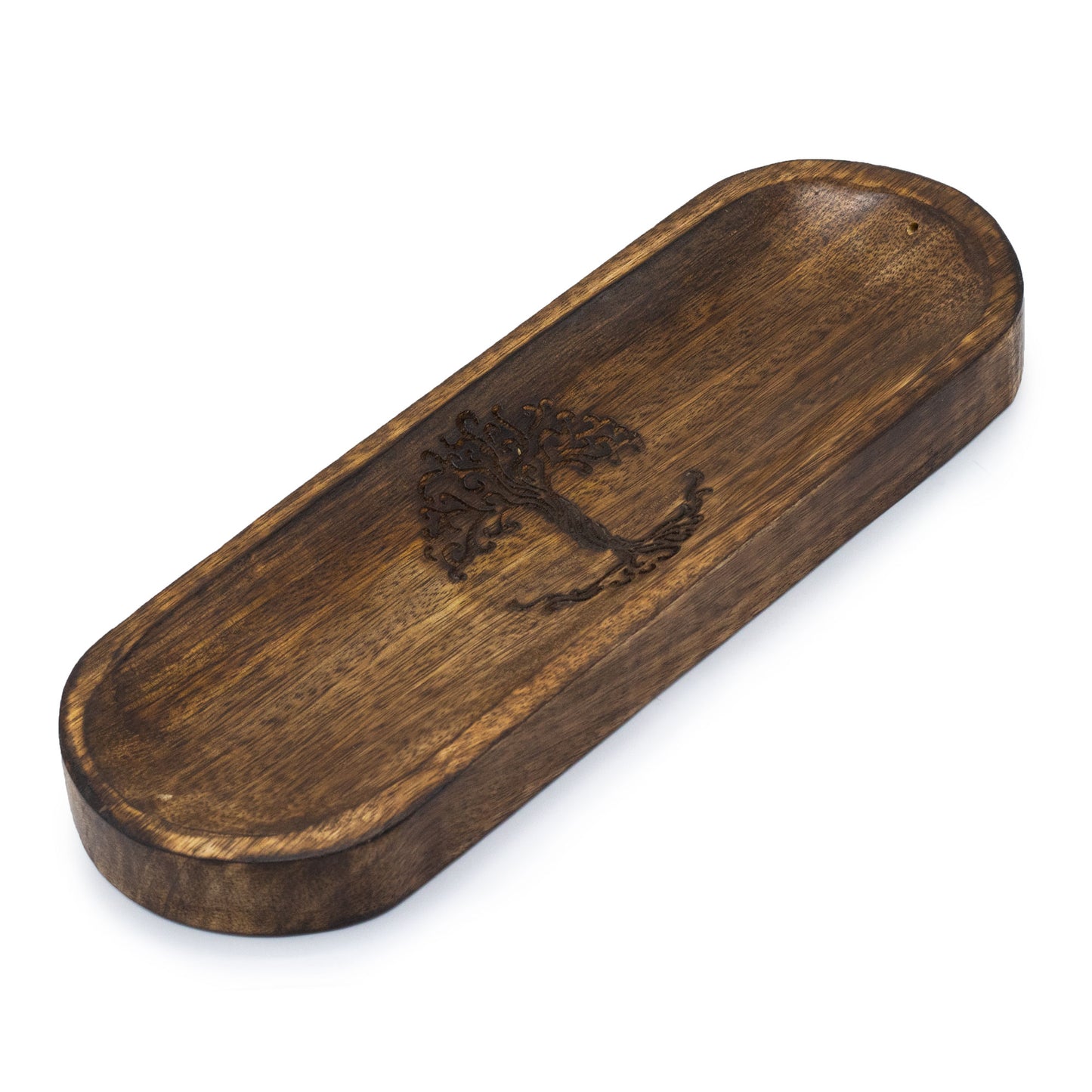 Large mango wood incense tray with Tree of Life design, handcrafted in Saharanpur, India. 30x10cm tray ideal for incense stick burning and ash collection.