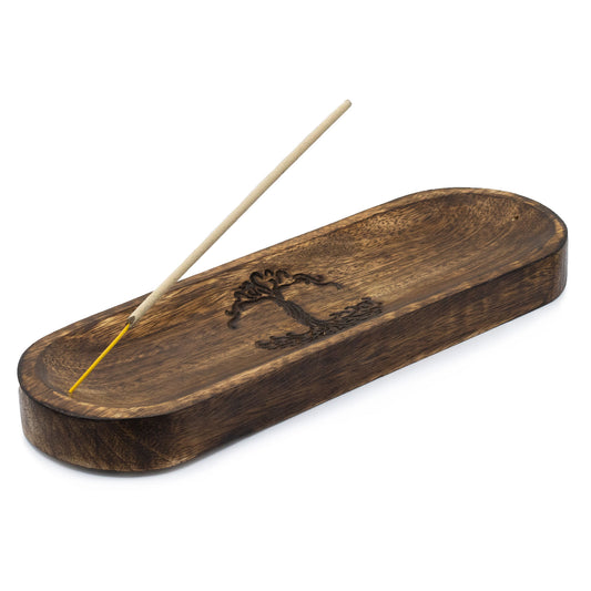 Large mango wood incense tray with Tree of Life design, handcrafted in Saharanpur, India. 30x10cm tray ideal for incense stick burning and ash collection.