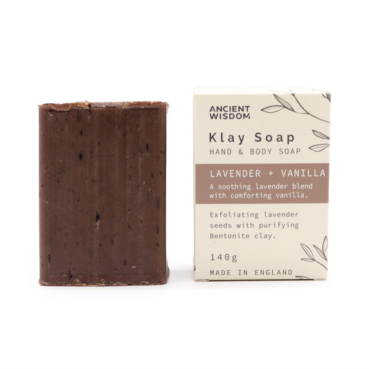 Natural clay soap bar with lavender, vanilla, and bentonite clay – handmade, vegan, and exfoliating.