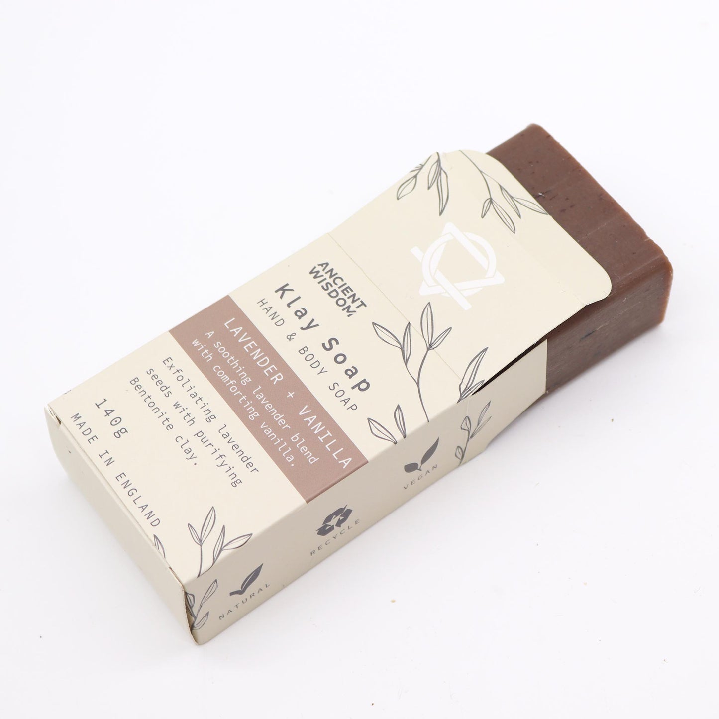 Natural clay soap bar with lavender, vanilla, and bentonite clay – handmade, vegan, and exfoliating.