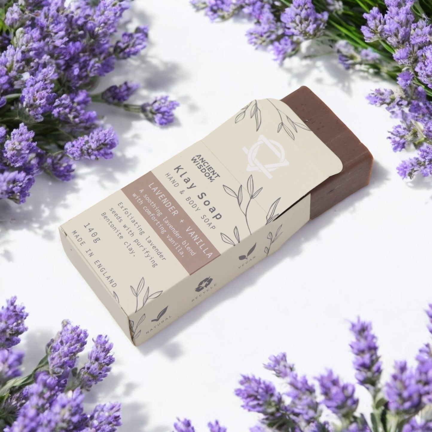 Natural clay soap bar with lavender, vanilla, and bentonite clay – handmade, vegan, and exfoliating.