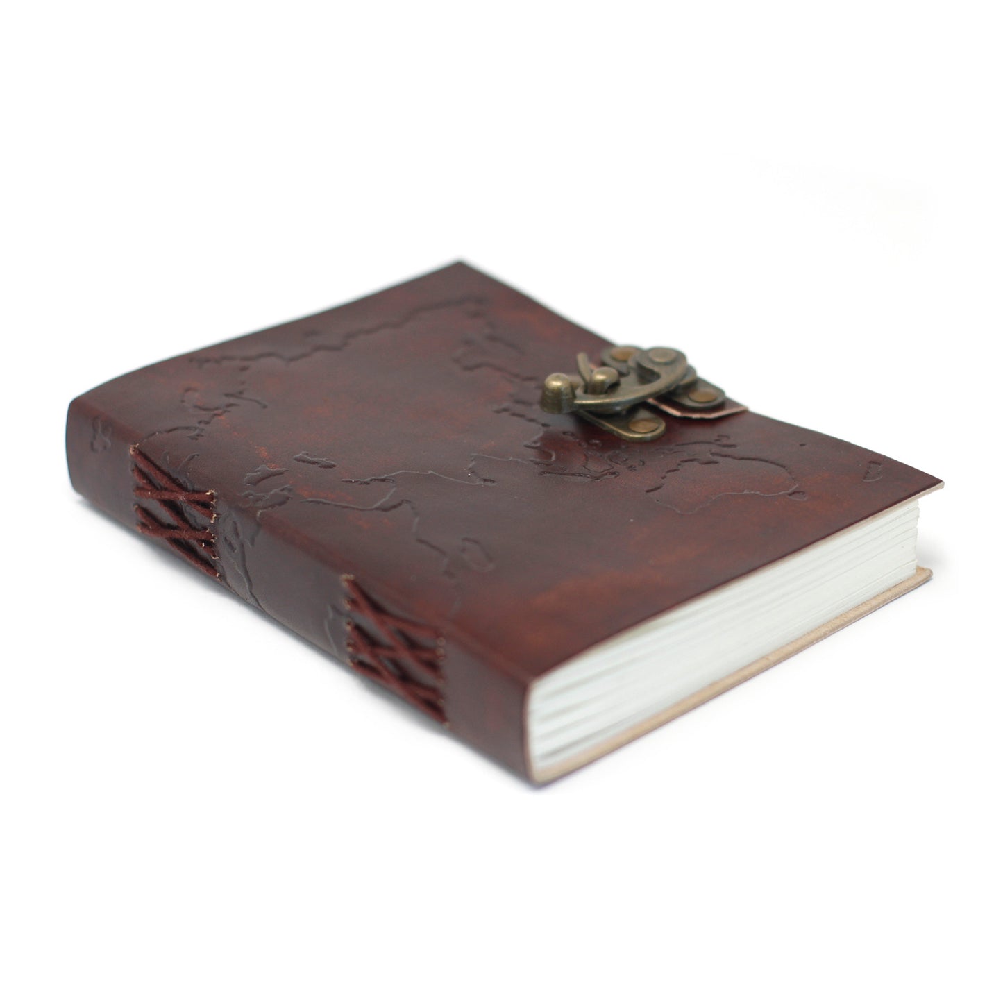 Leatherbound notebook with embossed world map and stitching detail