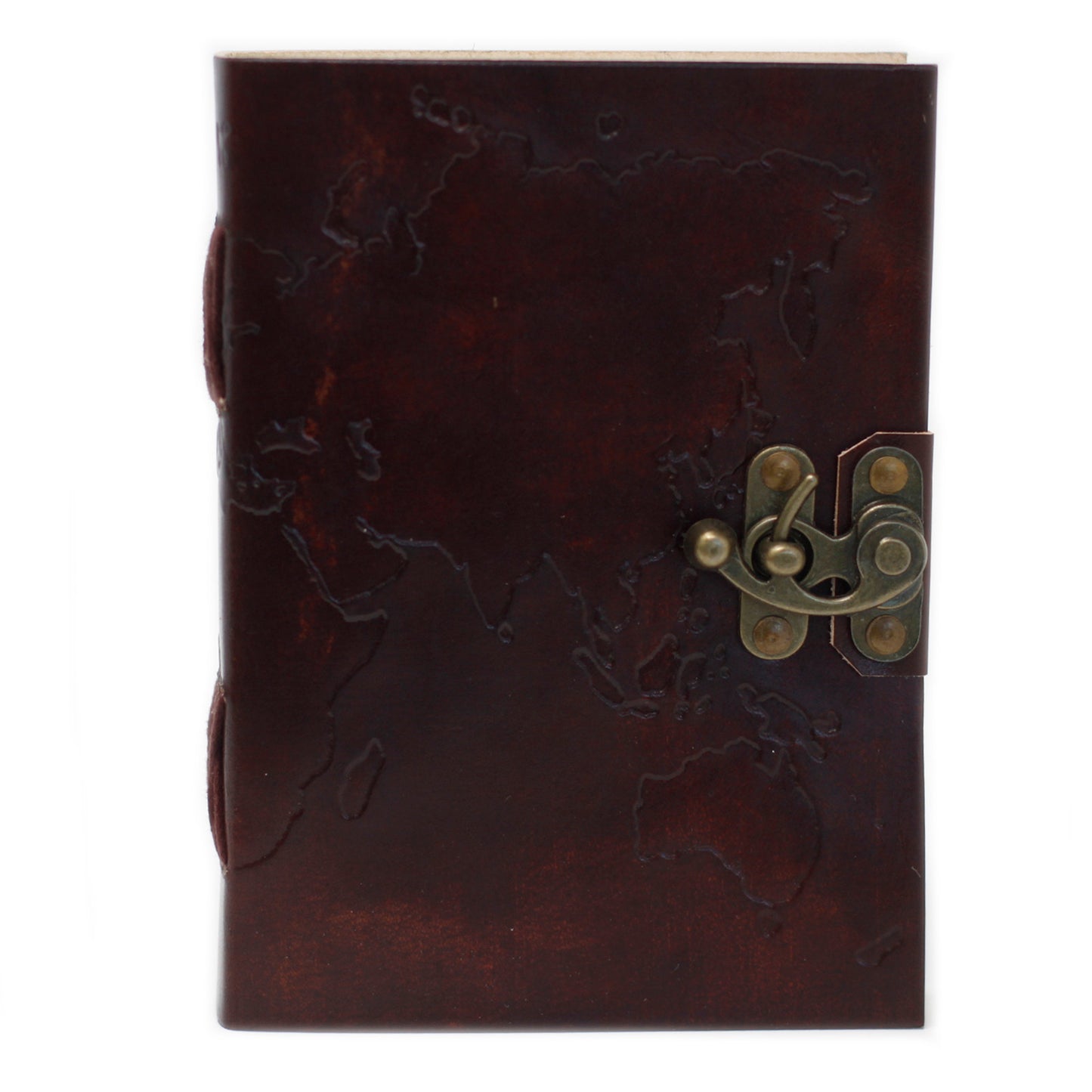 Leatherbound notebook with embossed world map and stitching detail