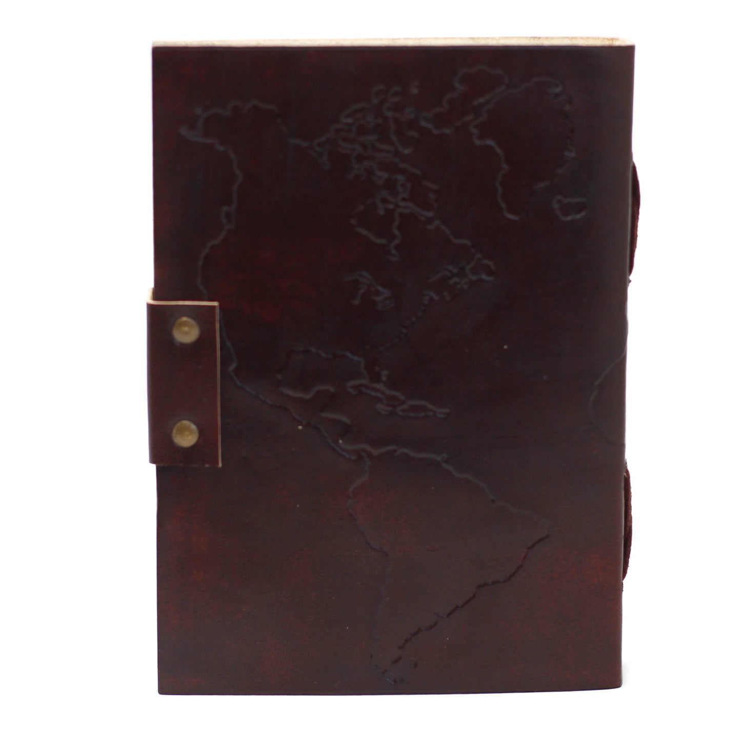 Leatherbound notebook with embossed world map and stitching detail