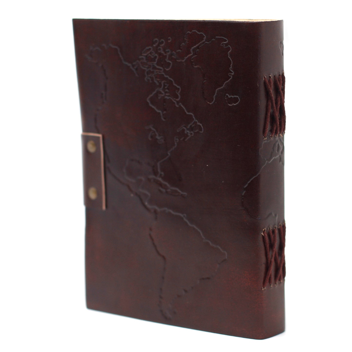 Leatherbound notebook with embossed world map and stitching detail