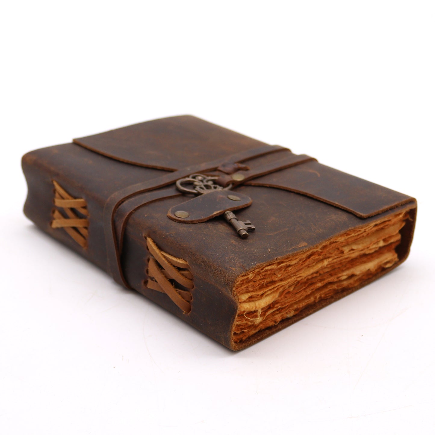 Oiled leather journal with vintage key and deckle pages