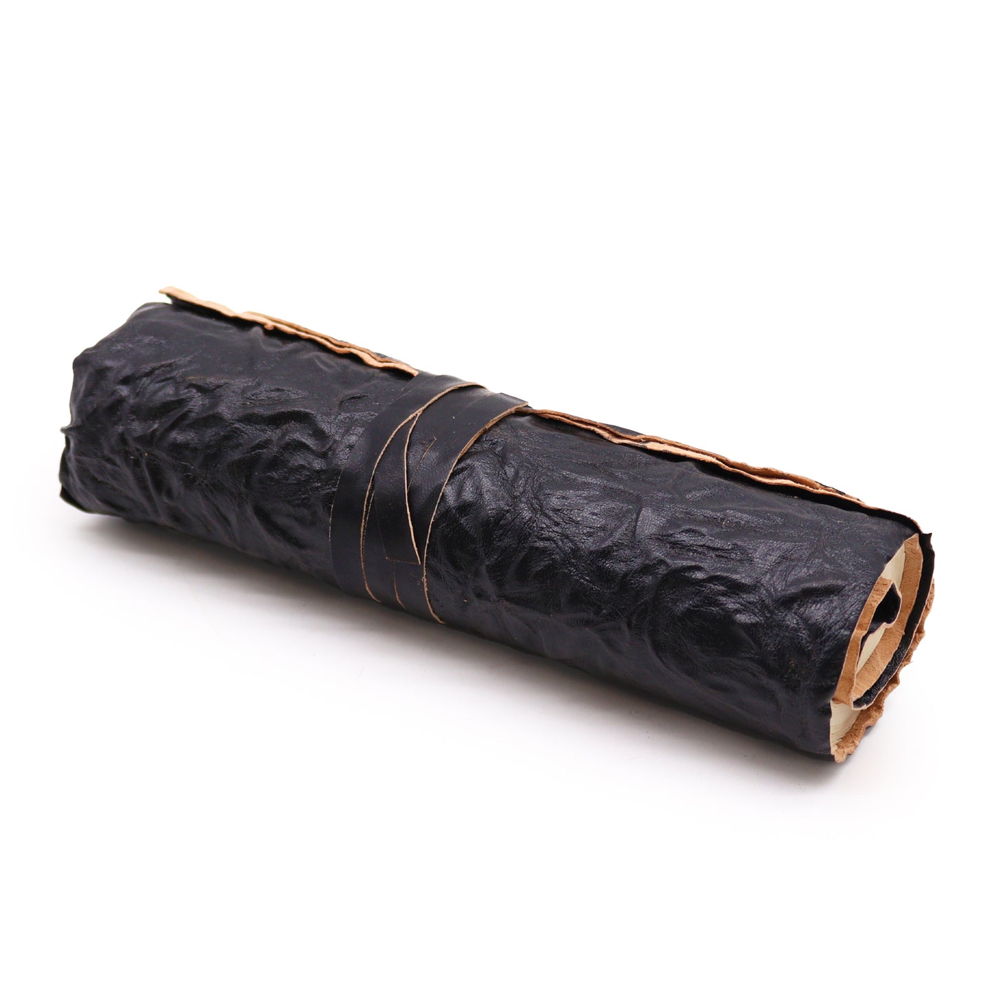 Rolled black leather travel notebook with plain ivory pages, unrolled and ready for writing.