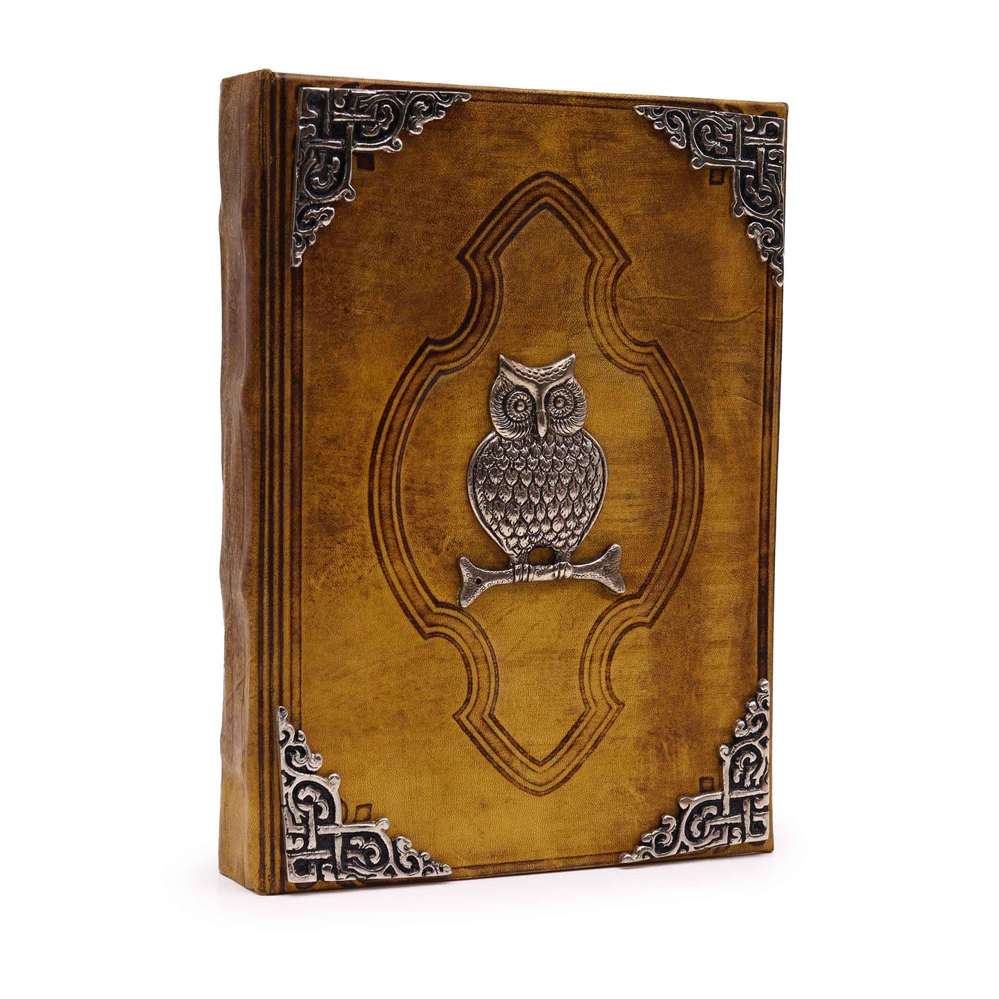 Leatherbound journal with embossed owl and zinc corners – cover view