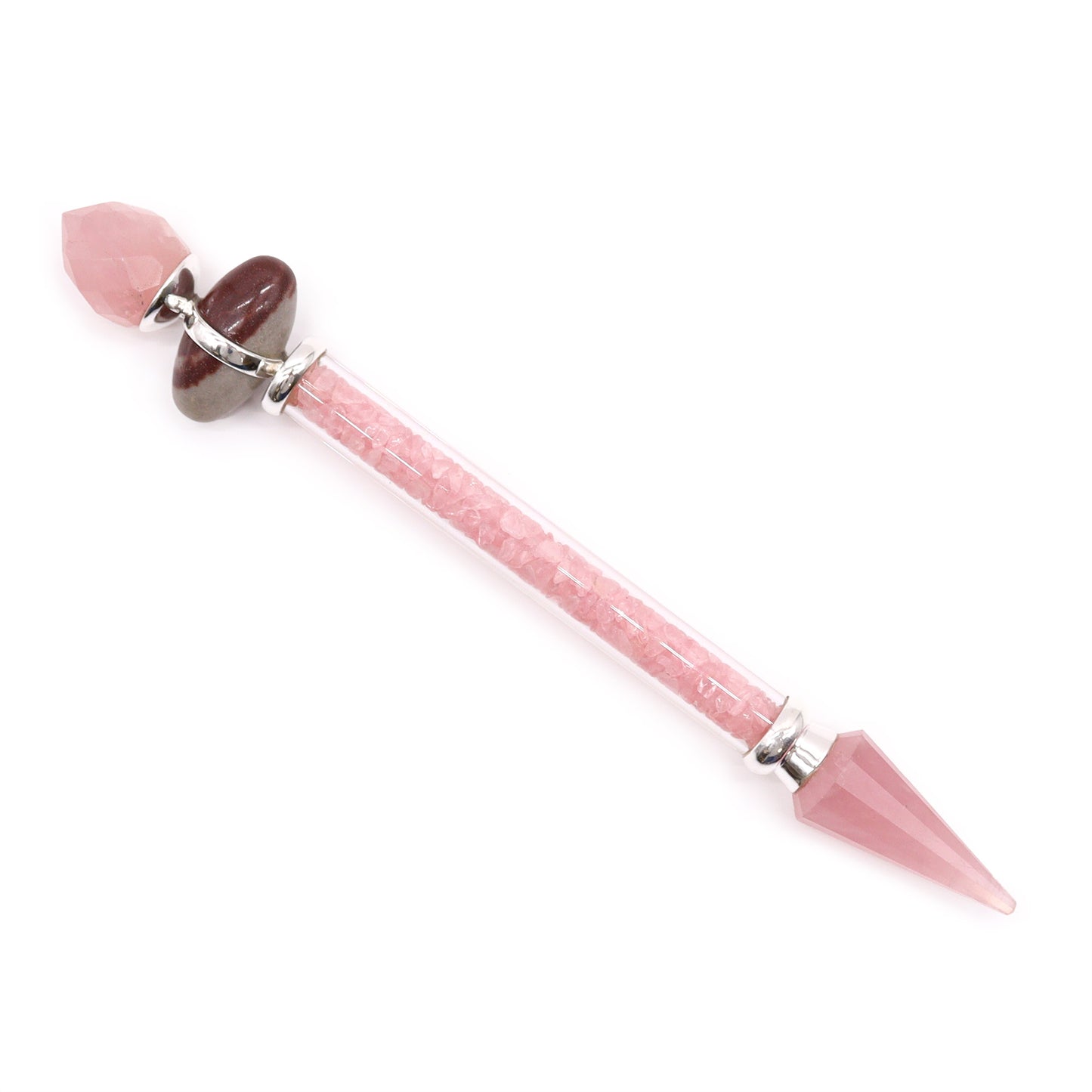 Rose Quartz Shiva Lingam wand filled with soft pink gemstone chips and crystal points. Supports heart chakra, compassion, and gentle emotional healing.