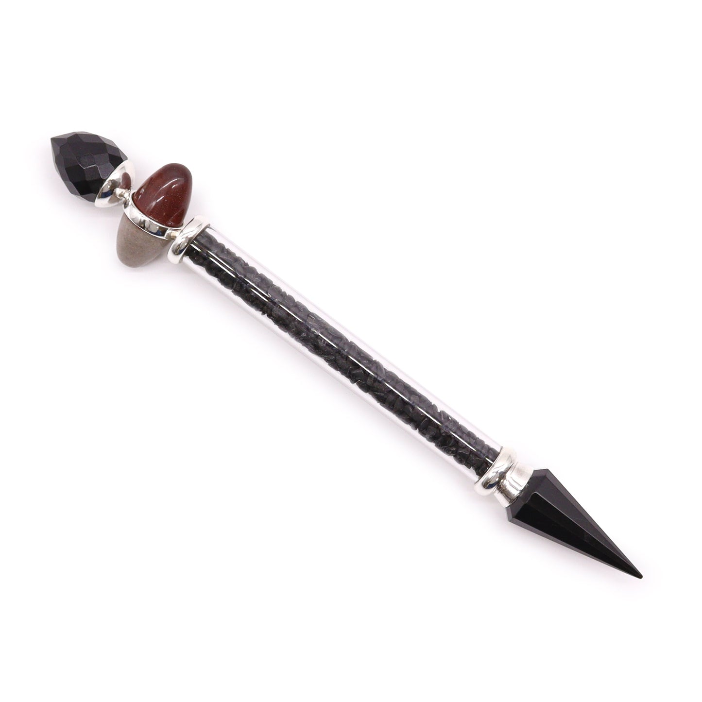 Shiva Lingam wand filled with black tourmaline and agate chips, paired with crystal ends and sacred stones. Perfect for grounding and energy protection.