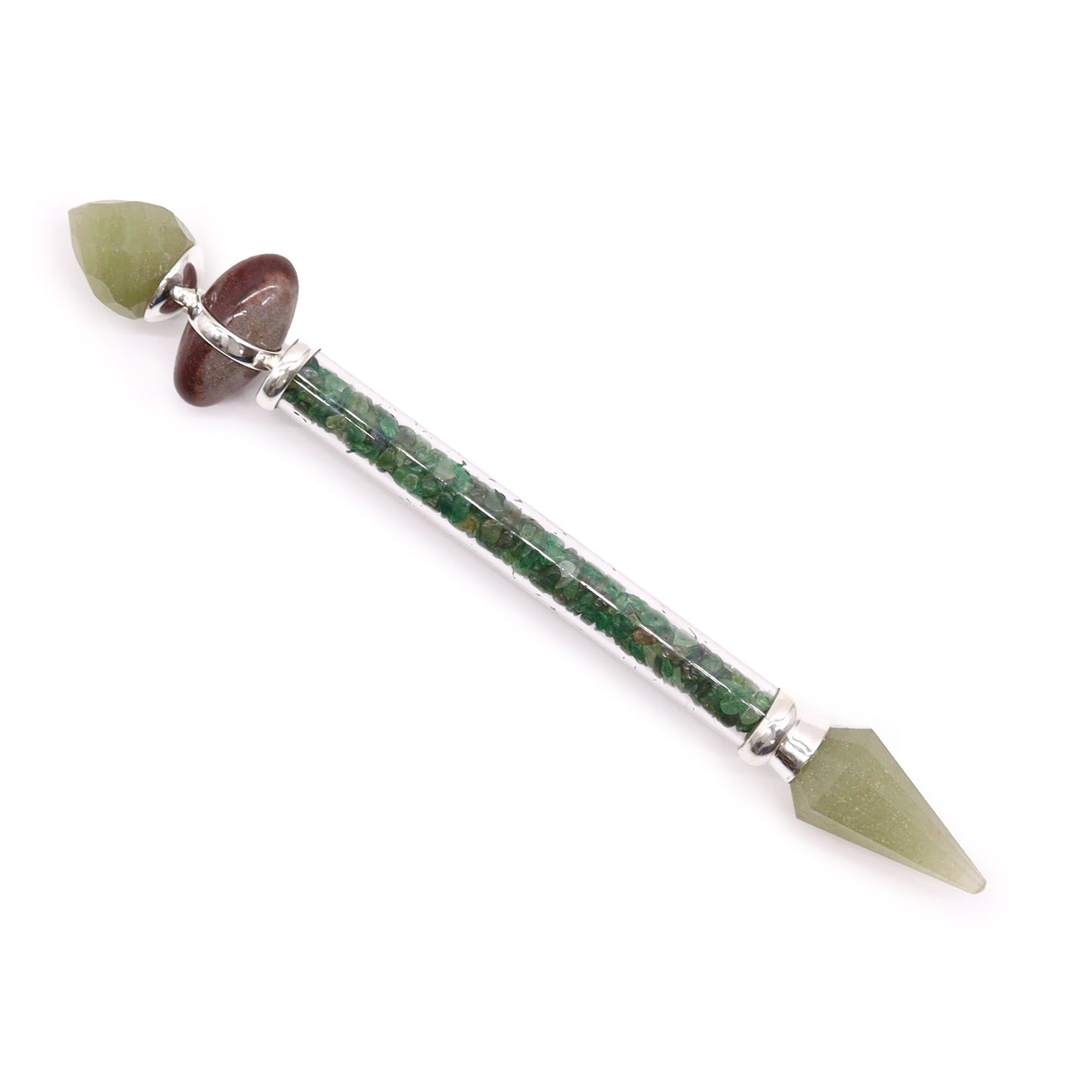 Shiva Lingam wand with green aventurine chips, crystal points, and polished Shiva Lingam stones. Ideal for heart chakra healing and energy work.