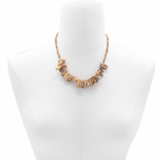 "Longstone Gem Necklace with Map Stone gemstone chips and round beads featuring earthy brown and tan markings, styled on a white display stand."