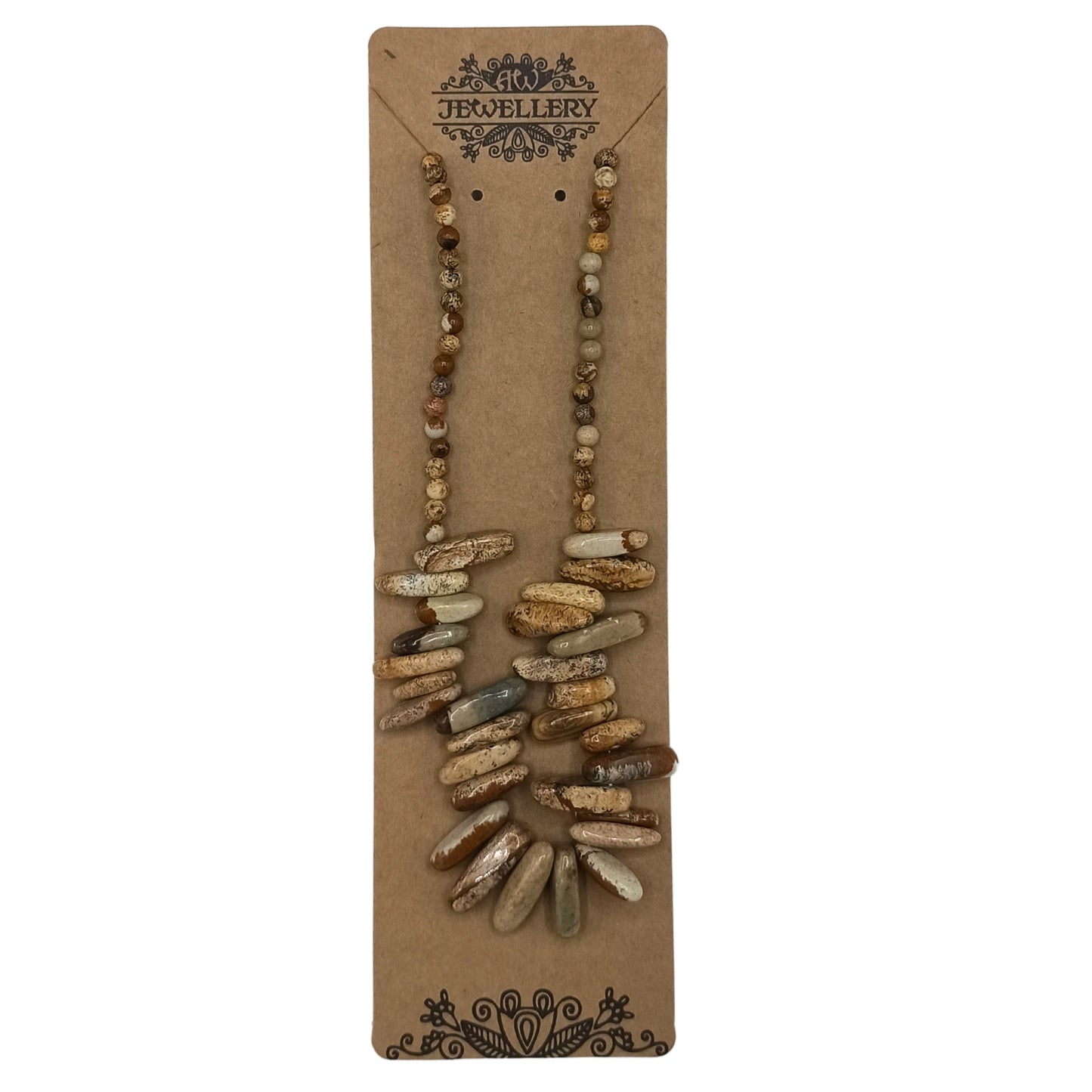 "Longstone Gem Necklace with Map Stone gemstone chips and round beads featuring earthy brown and tan markings, displayed on brown card."