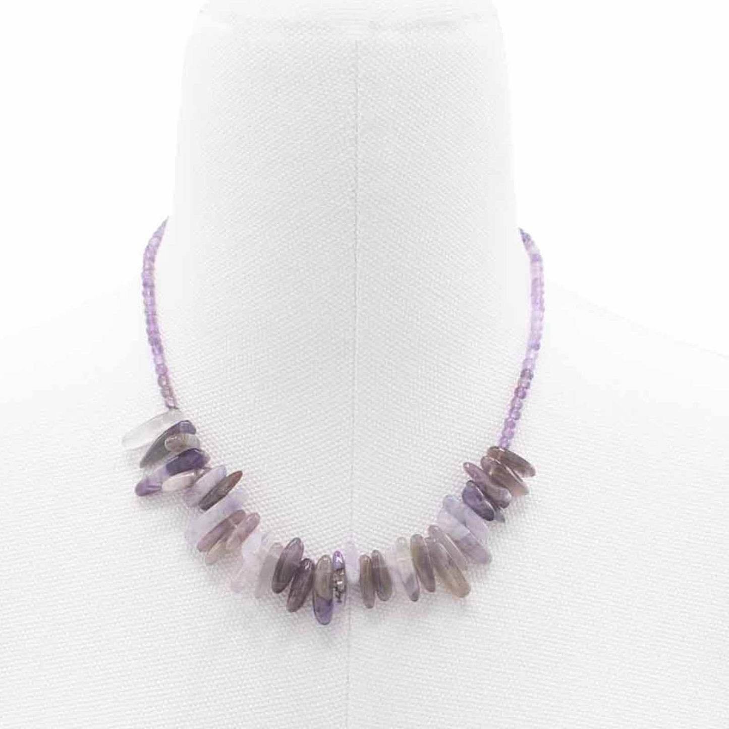 "Longstone Gem Necklace with natural amethyst gemstone chips and round accents in rich purple, displayed on a white bust."