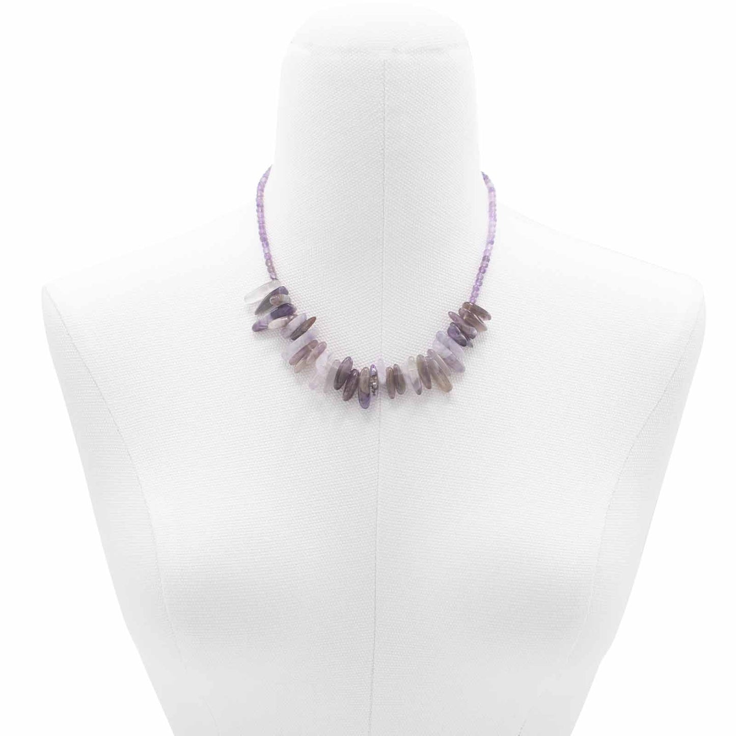 "Longstone Gem Necklace with natural amethyst gemstone chips and round accents in rich purple, displayed on a white bust."