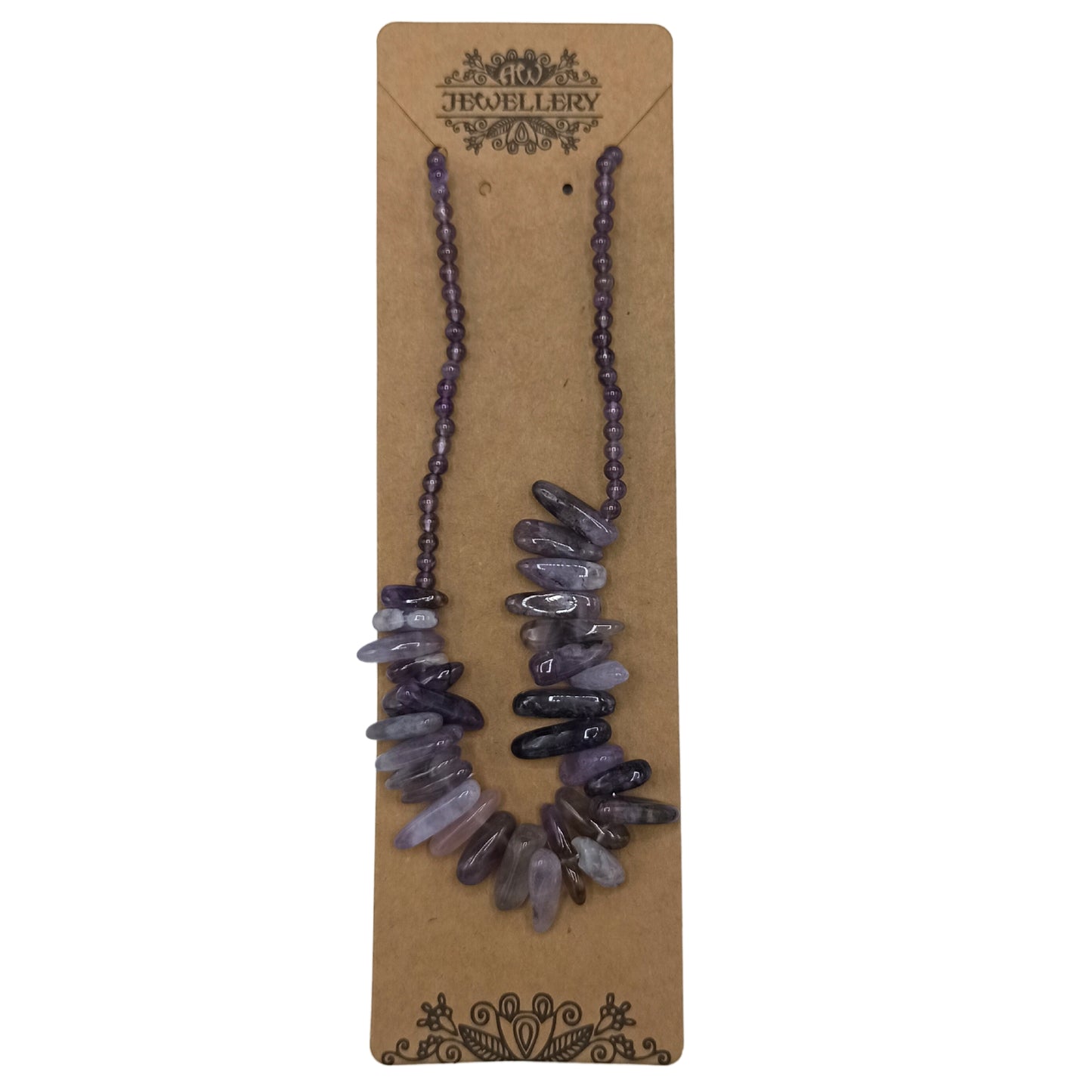 "Longstone Gem Necklace with natural amethyst gemstone chips and round accents in rich purple, displayed on a brown card."