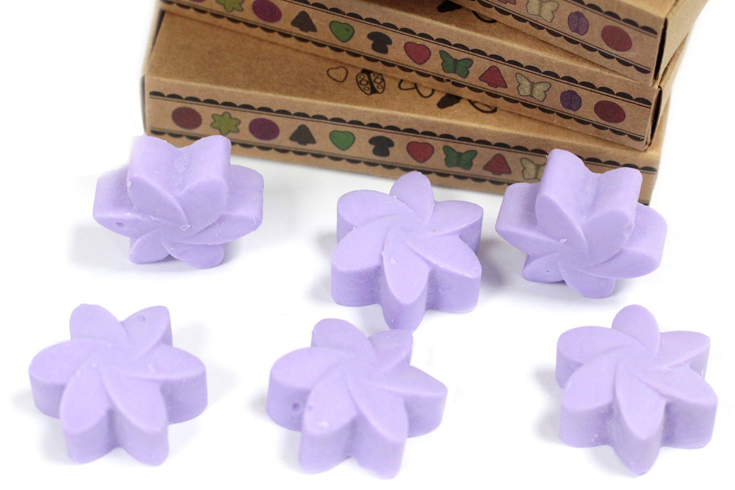 Box of 6 lavender soy wax melts – large luxury melts in cardboard divider packaging
