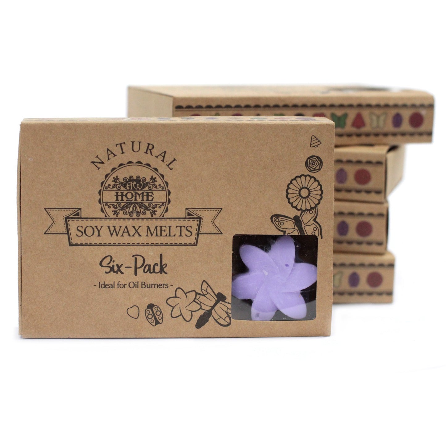 Box of 6 lavender soy wax melts – large luxury melts in cardboard divider packaging