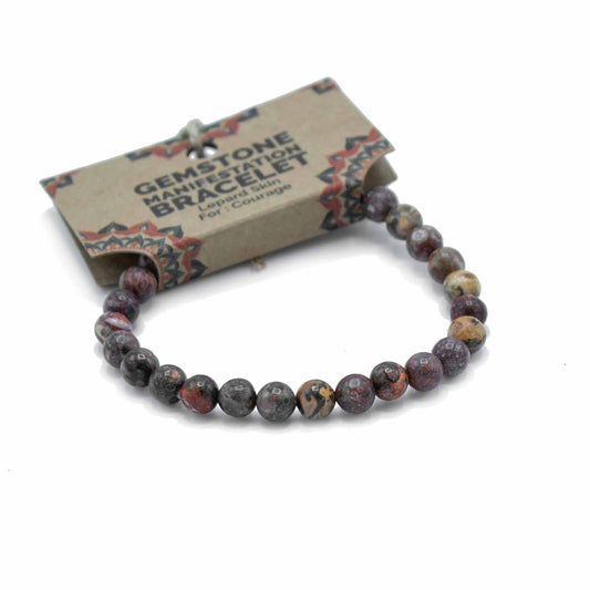 Leopard Skin Jasper gemstone manifestation bracelet with bold spotted beads, symbolising courage, resilience, and inner strength.