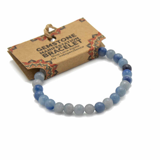 Blue Lace Agate gemstone manifestation bracelet with soft blue bands, symbolising independence, clarity, and gentle strength.