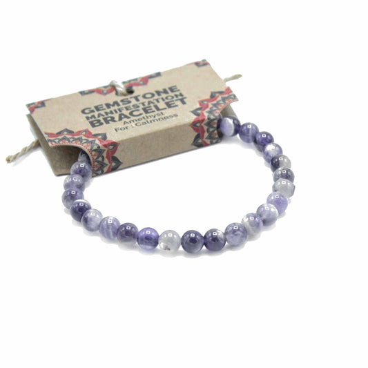 Amethyst gemstone manifestation bracelet with soft purple beads, symbolising calmness, clarity, and emotional balance.