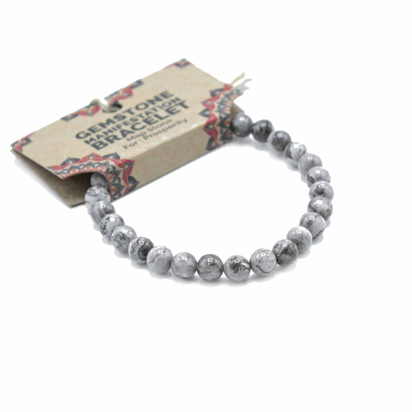 Map Stone gemstone manifestation bracelet with earthy patterned beads, symbolising prosperity, guidance, and steady personal growth.