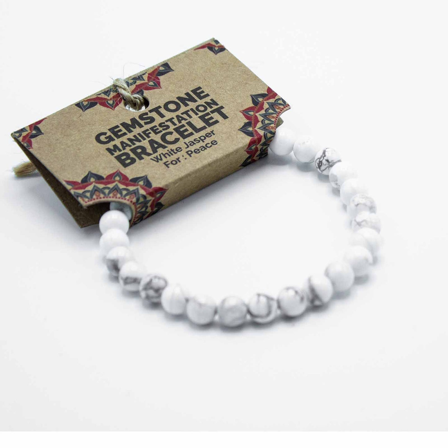 White Jasper gemstone manifestation bracelet with soft white beads, symbolising peace, emotional balance, and calm presence.