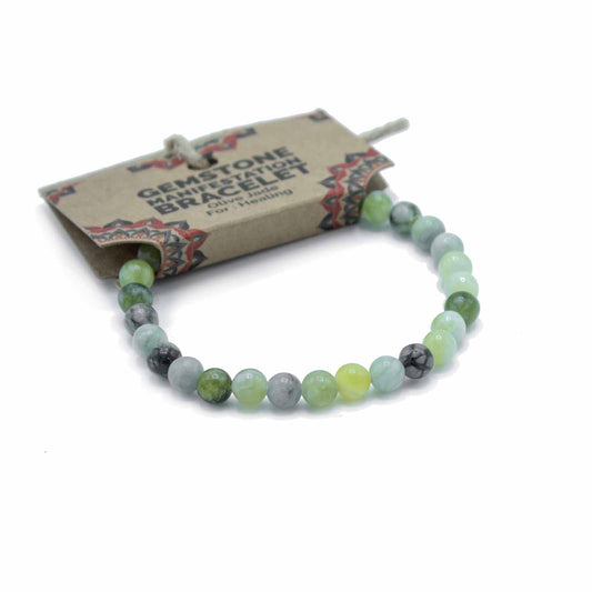 Olive Jade gemstone manifestation bracelet with soft green beads, symbolising healing, restoration, and emotional renewal.