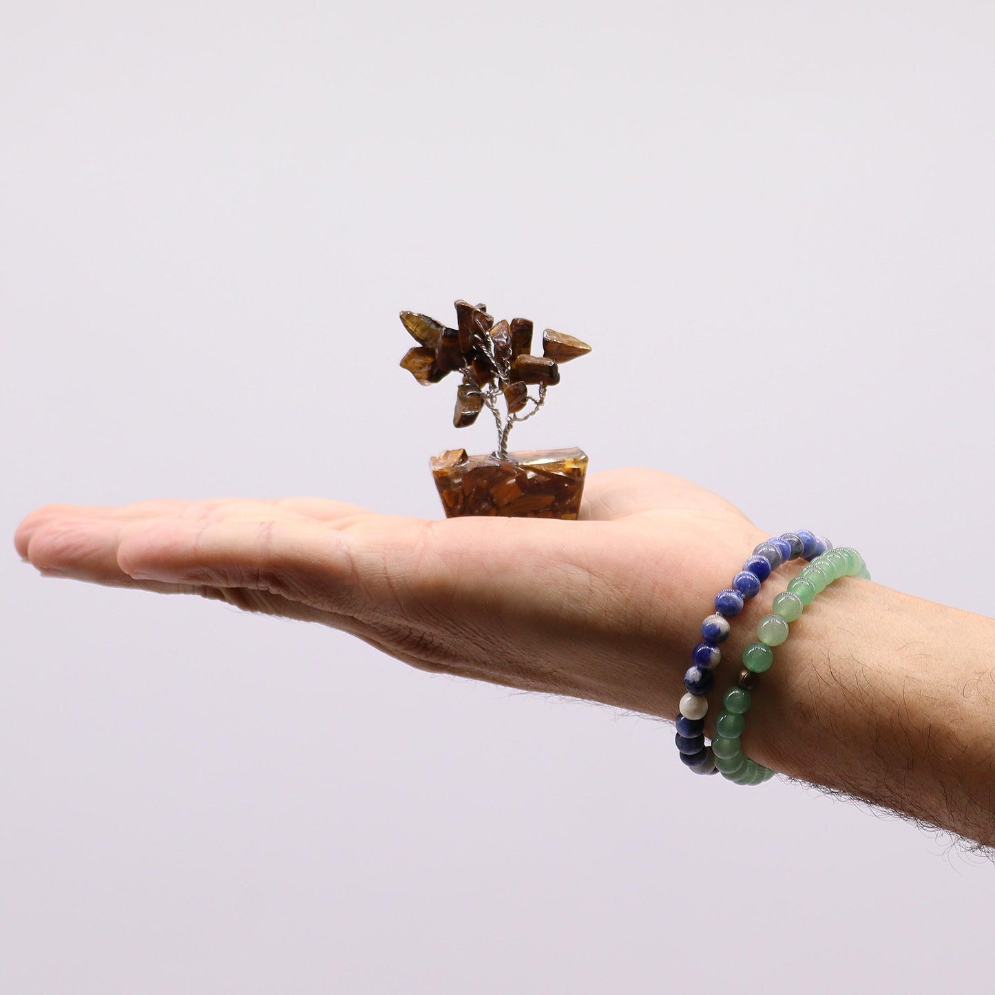 Mini Tiger's Eye crystal tree on orgonite base – 6cm high with 15 healing crystals
