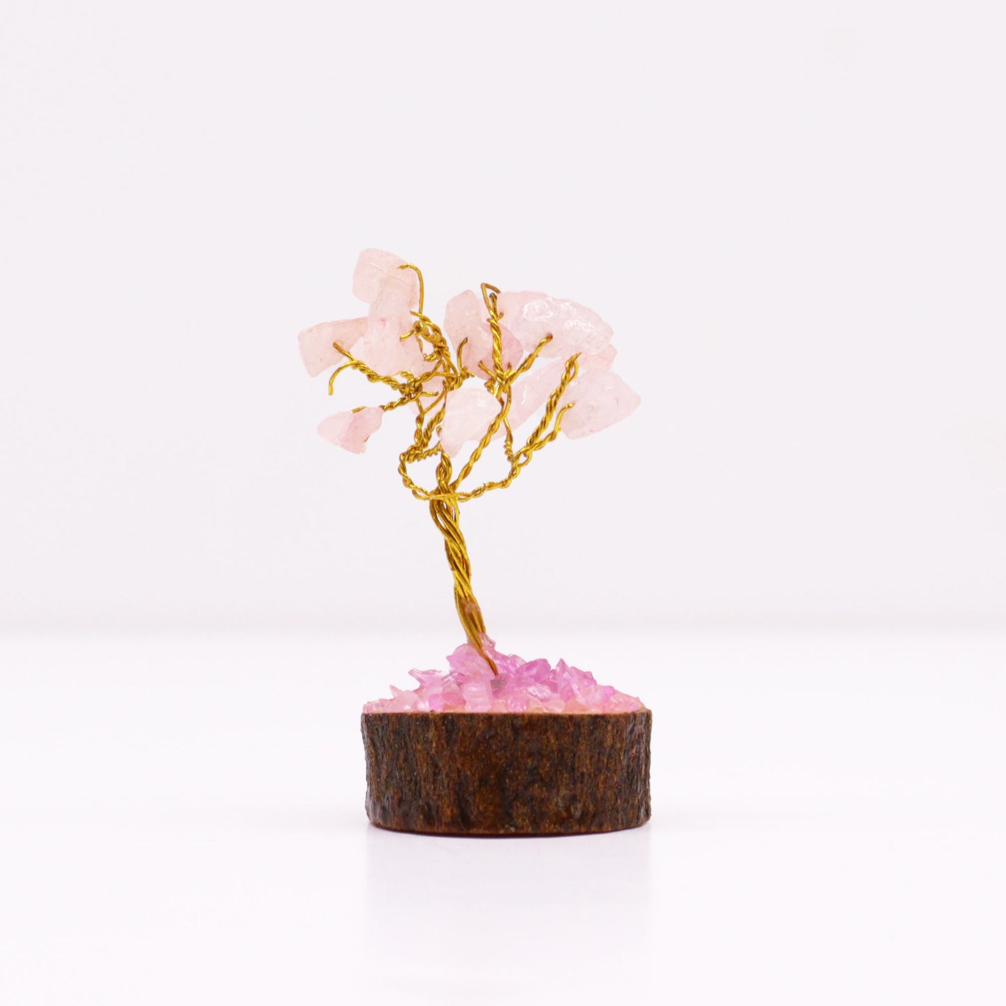 Mini Rose Quartz crystal tree on natural wood base – 6cm high with 15 healing crystals