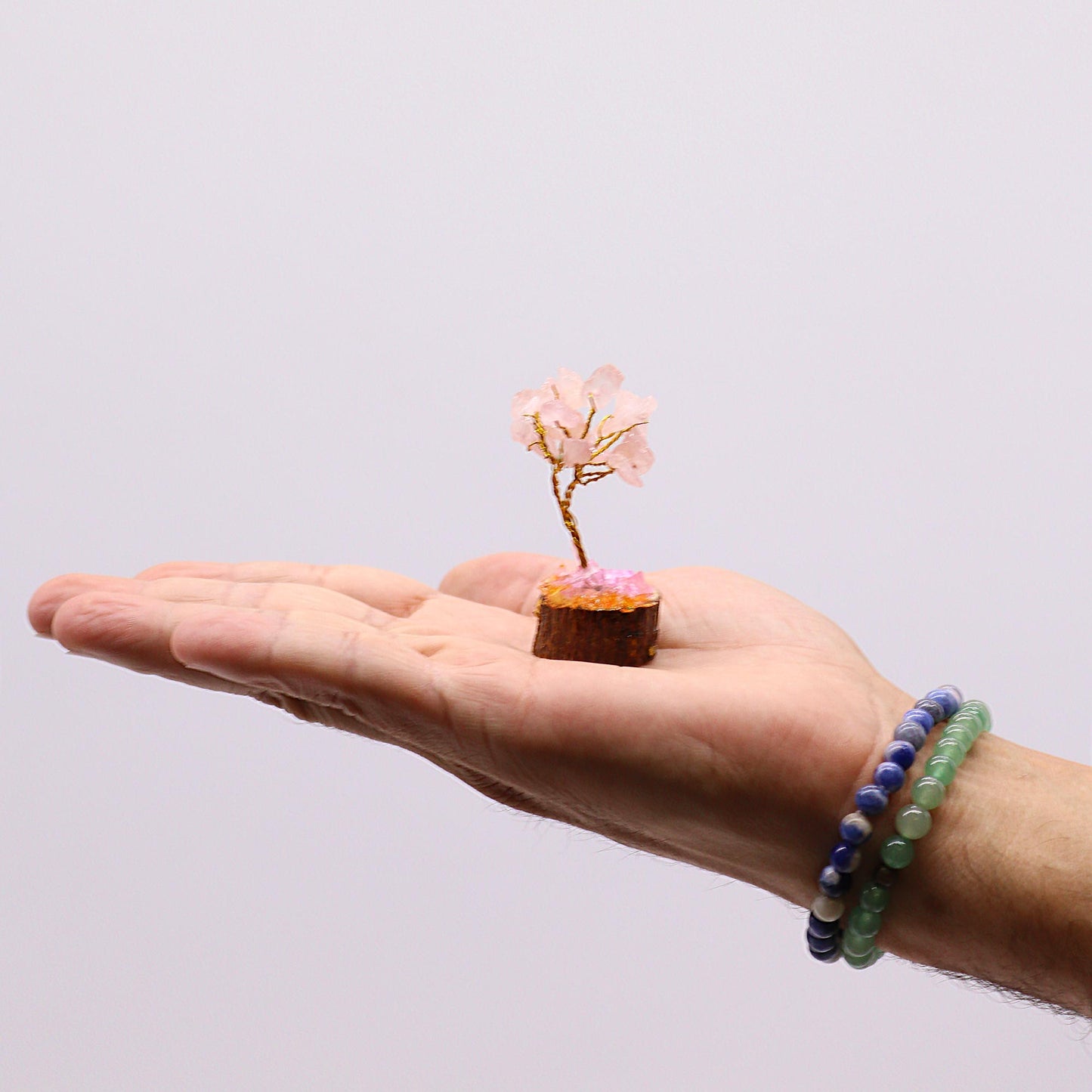 Mini Rose Quartz crystal tree on natural wood base – 6cm high with 15 healing crystals