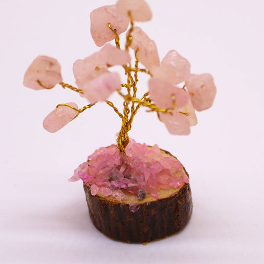 Mini Rose Quartz crystal tree on natural wood base – 6cm high with 15 healing crystals