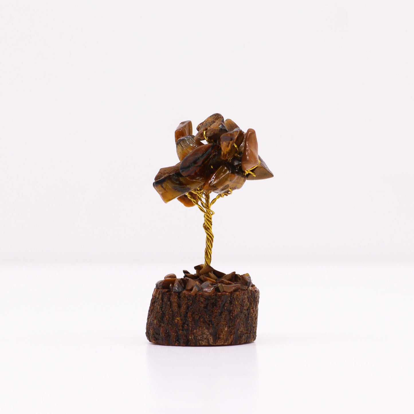 Mini Tiger's Eye crystal tree on natural wood base – 6cm high with 15 healing crystals