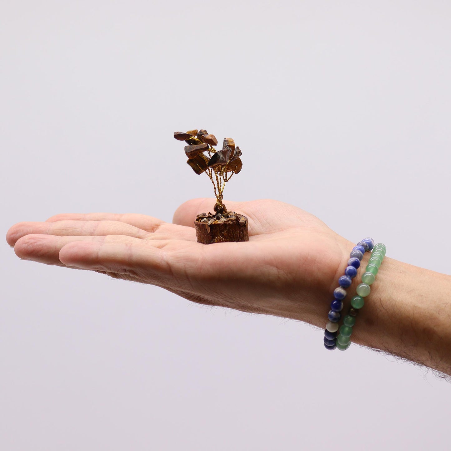 Mini Tiger's Eye crystal tree on natural wood base – 6cm high with 15 healing crystals